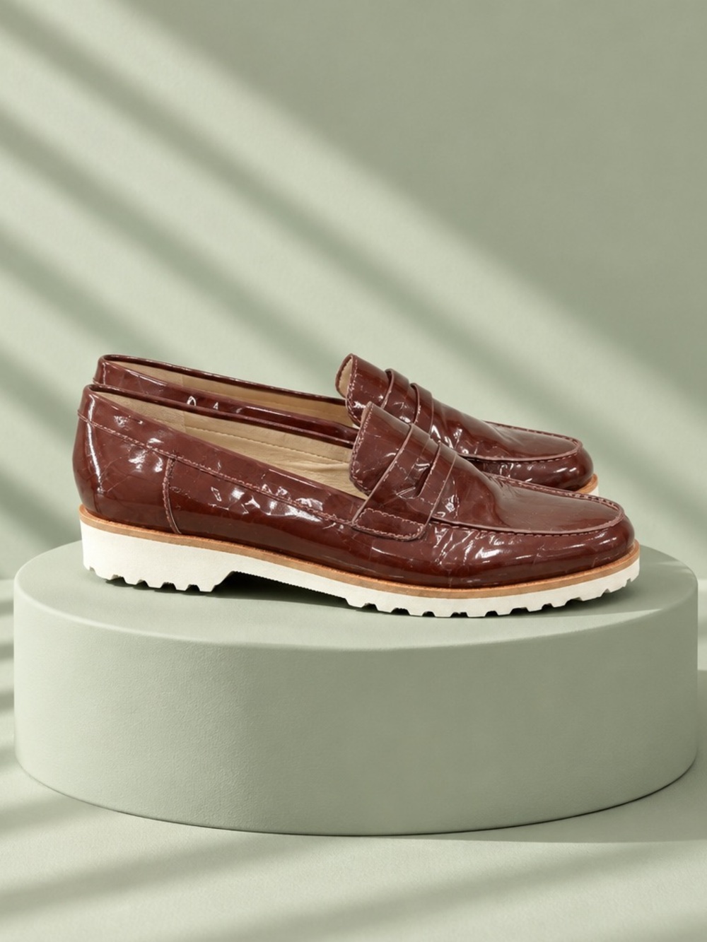 Karl Lagerfeld Women’s Brown Patent Penny Loafers with White Lug Sole